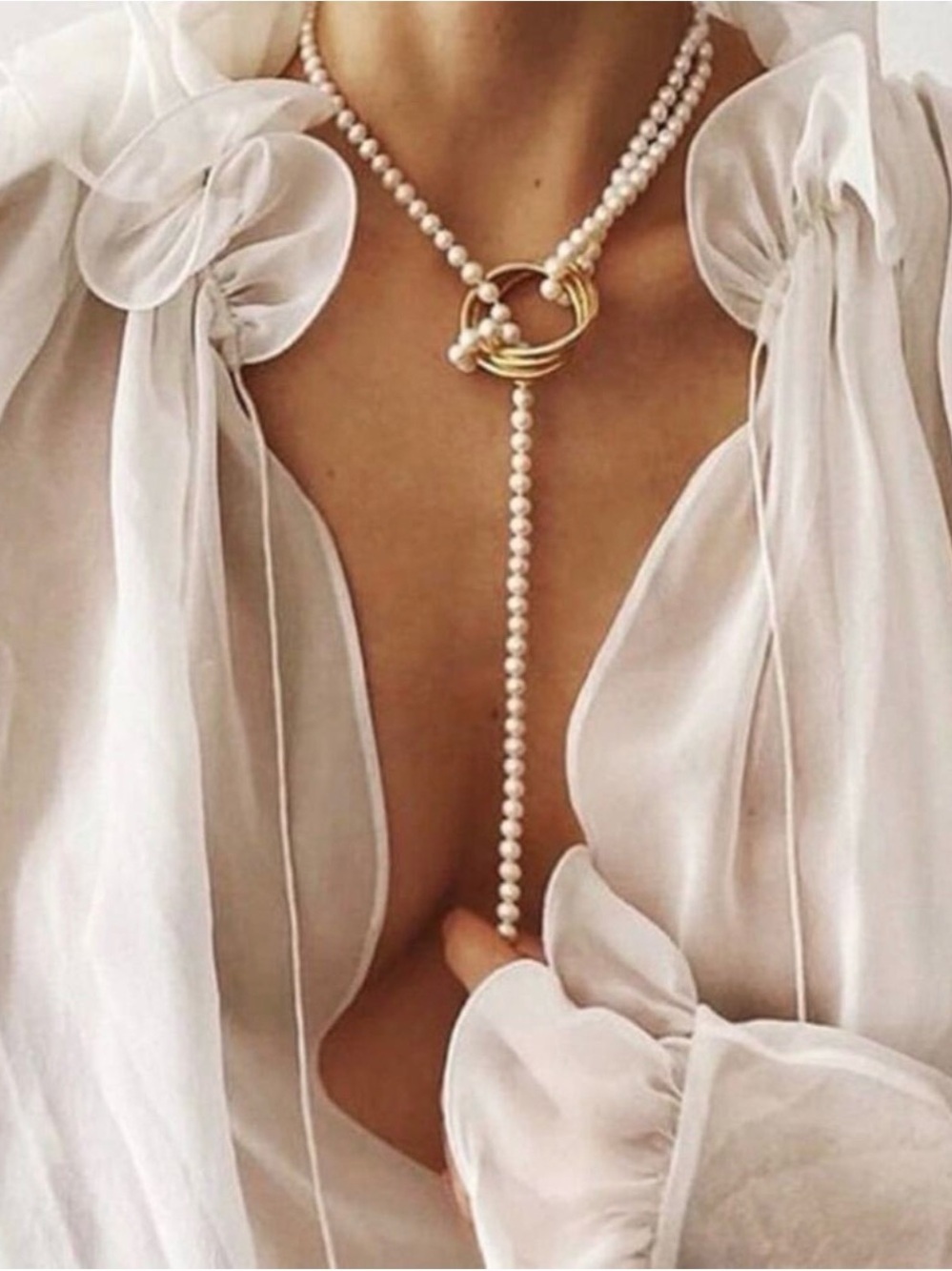 Long Pearl Lariat Necklace with Gold Accent